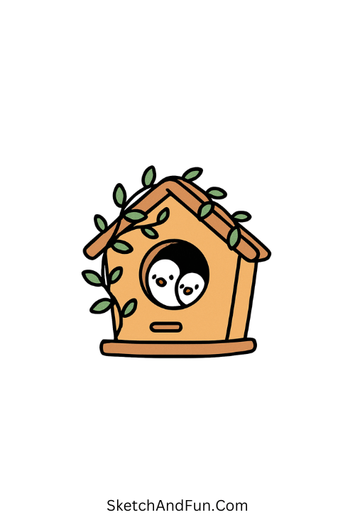 Birds peeking from a colorful birdhouse with vines for spring art ideas for kids