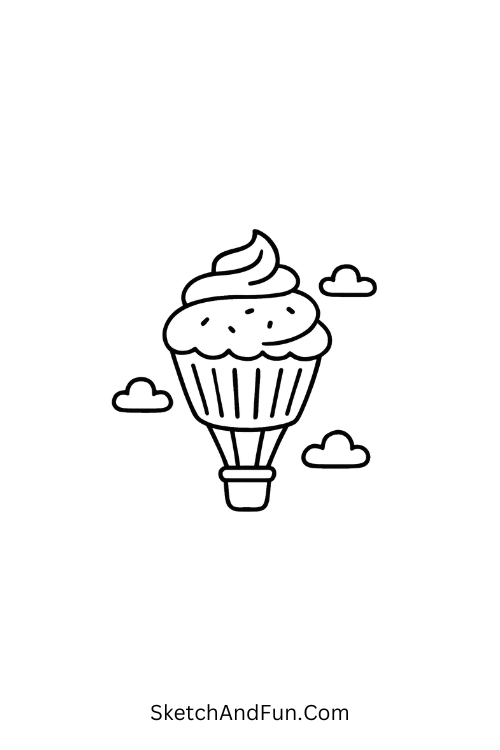Cupcake turned hot air balloon flying high in whimsical birthday doodle sketches