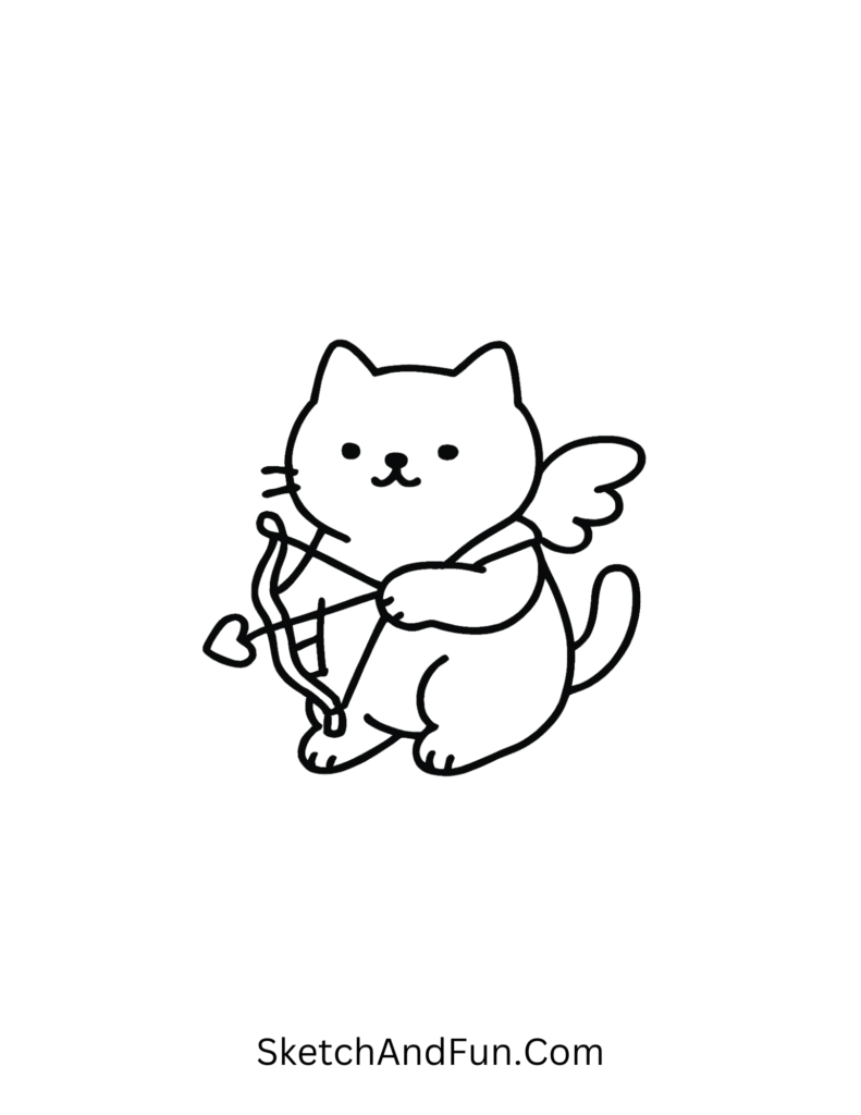 Chubby cupid cat with wings and arrow, playful style for Valentine February doodles