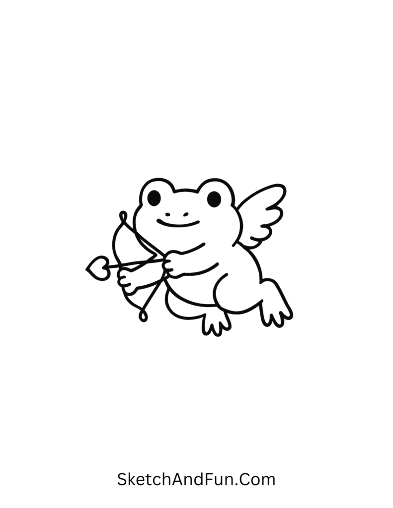 Cute frog cupid with wings and arrow, clear design for February doodles step by step