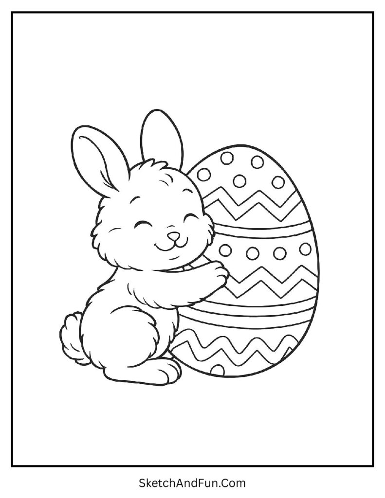 Fluffy bunny hugging a big decorated egg in cute bunny Easter coloring pages