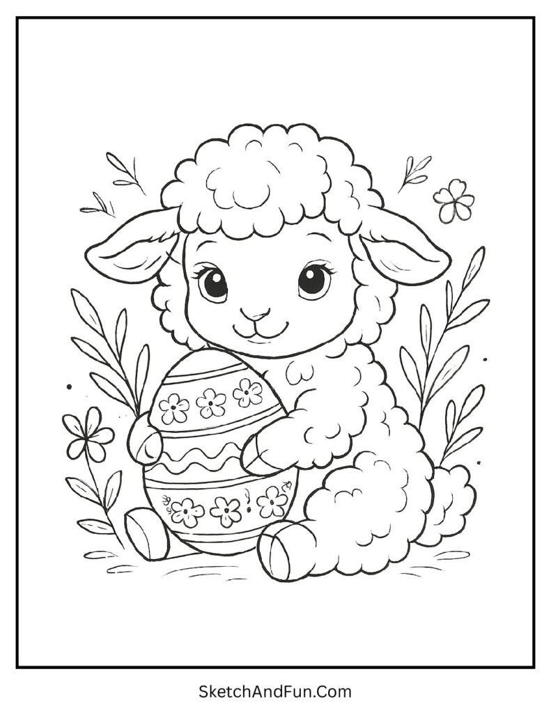 Gentle lamb holding egg for Easter coloring pages for kids