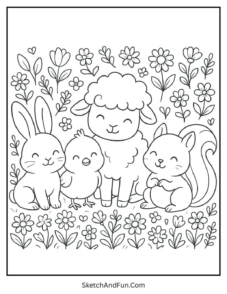 Bunny and chicks scene in spring animal coloring pages for kids