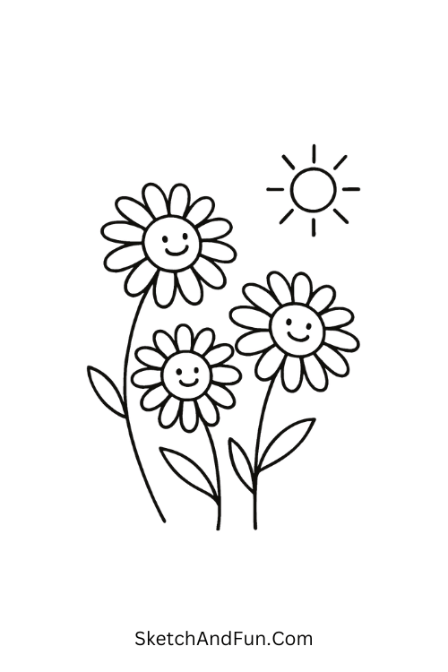 Big daisies with cheerful faces turning toward the sun for spring line drawing ideas