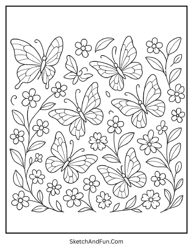 Butterflies swirling scene in spring coloring pages fun