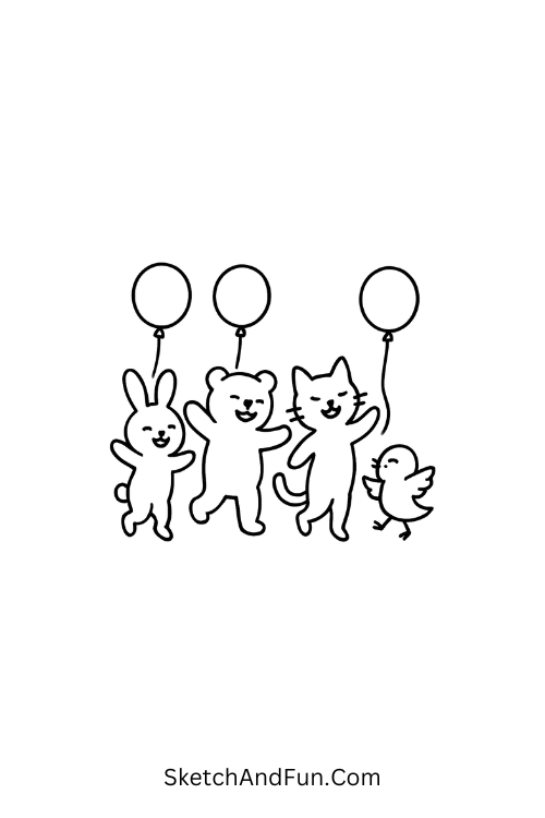 Tiny dancing animals with balloons creating little birthday doodles cheer