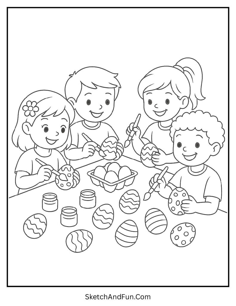 Kids painting eggs at table in fun Easter coloring worksheets