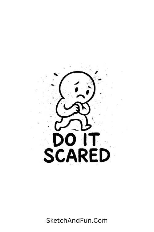 “Do it scared” in sharp messy ink strokes in empowering calligraphy quote doodles step by step