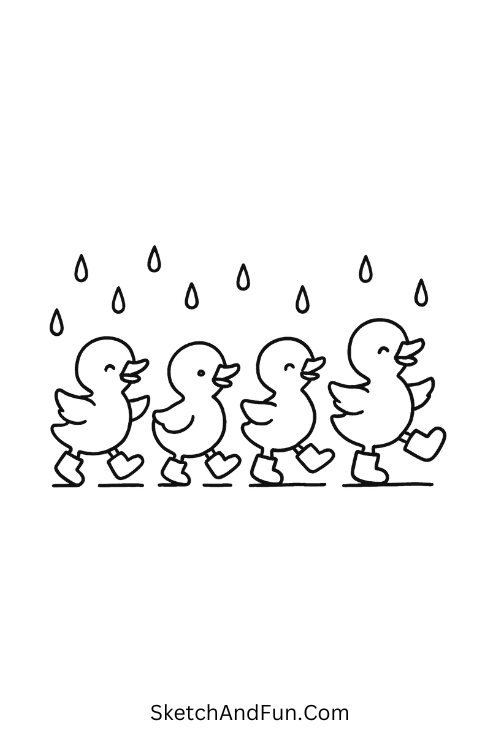 Baby ducks in boots dancing under rain for spring drawing ideas for kids