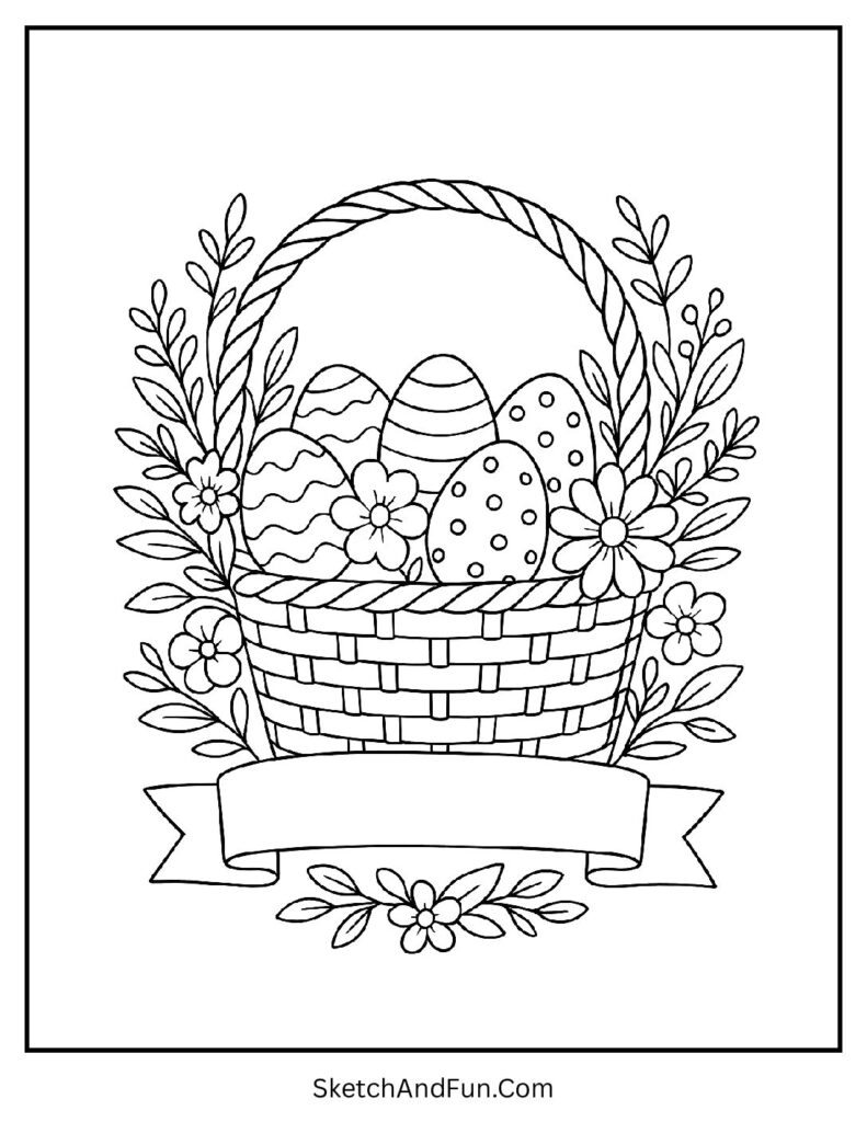 Basket with name banner for printable Easter coloring sheets