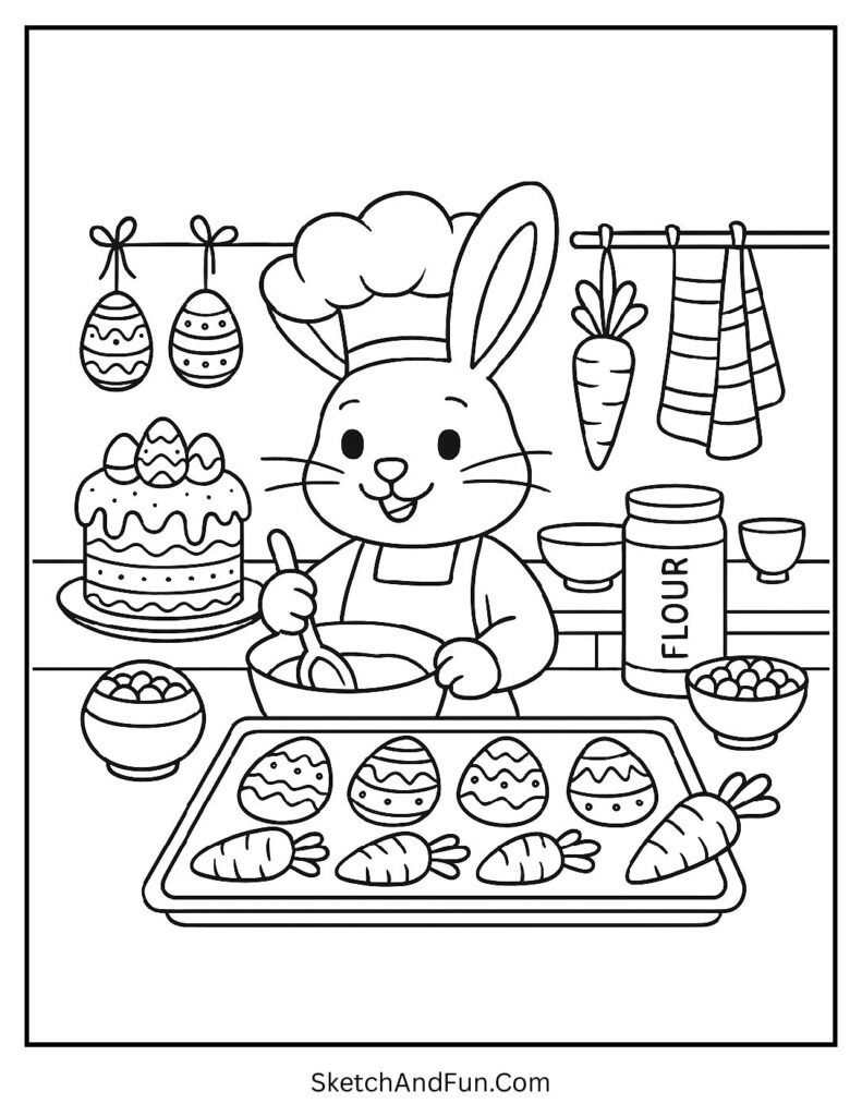 Bunny baking treats in Easter coloring pages fun activity