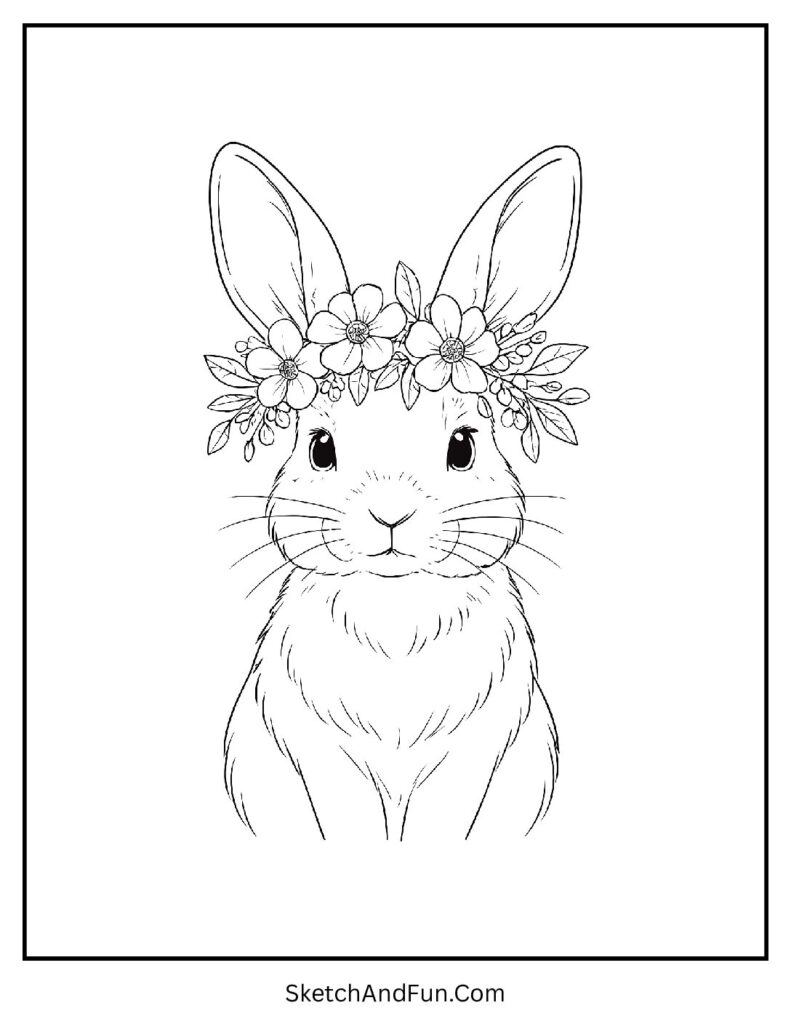 Floral crowned bunny artwork for Easter coloring pages high resolution