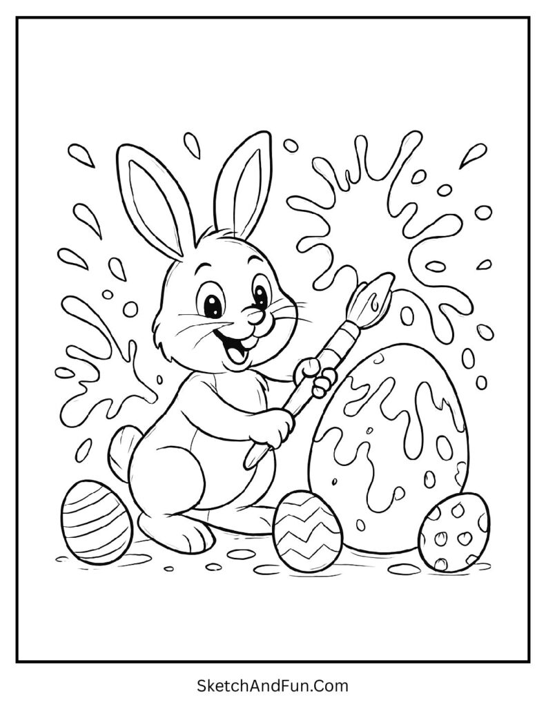 Bunny splashing paint on eggs for Easter coloring pages art therapy