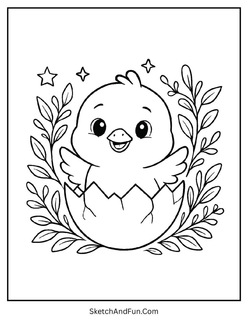 Smiling chick popping from egg shell for cheerful Easter chick coloring pages