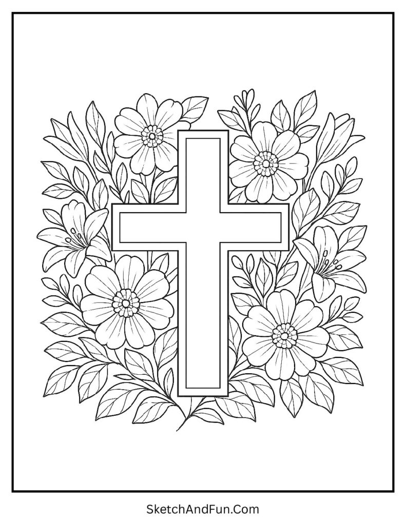 Floral framed cross design for religious Easter coloring pages