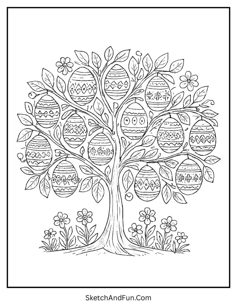 Magical tree growing eggs in Easter coloring pages creative