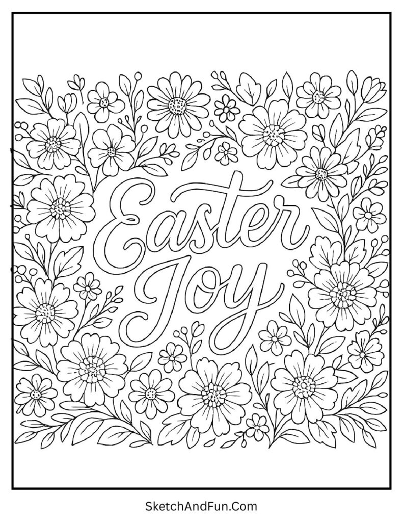 Script lettering with florals for Easter coloring pages printable PDF free