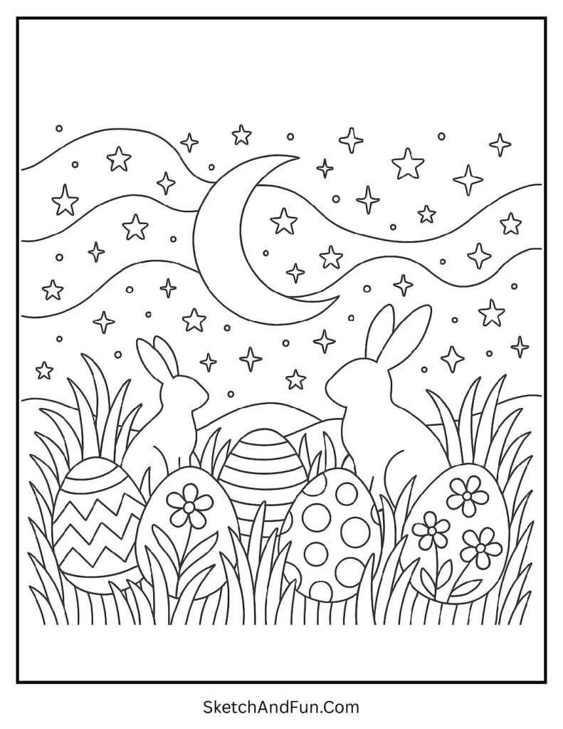 Night sky with stars and bunny shapes for Easter coloring pages black and white