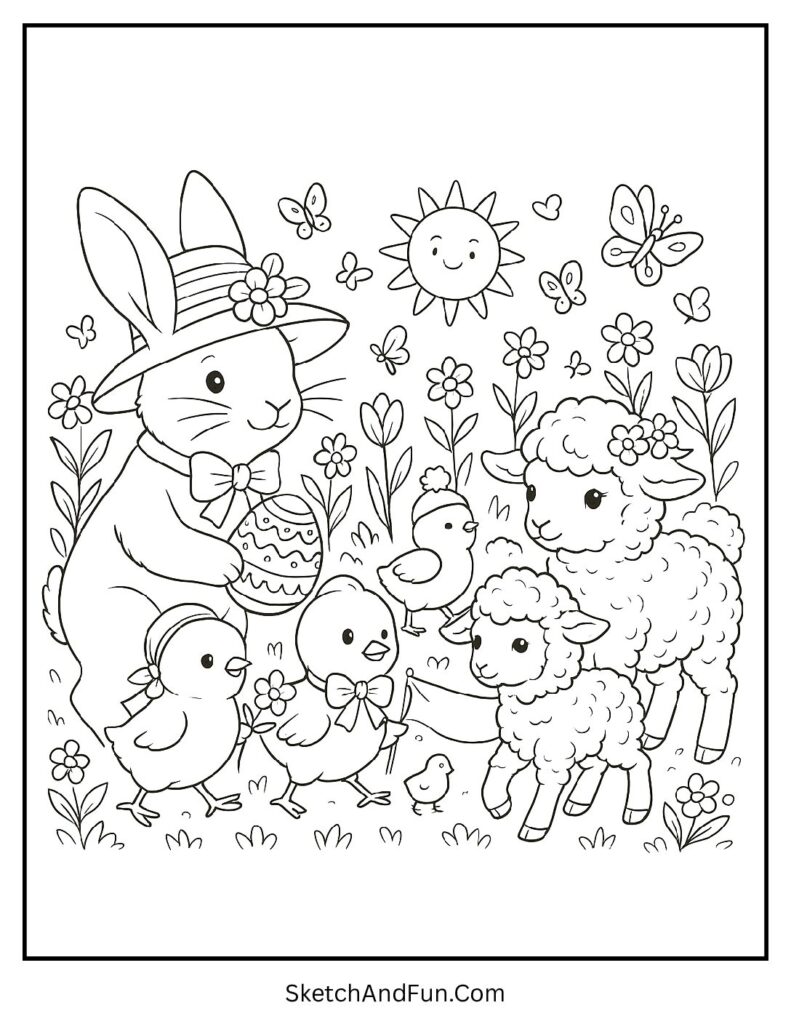 Festive animal parade scene in Easter coloring pages holiday printable
