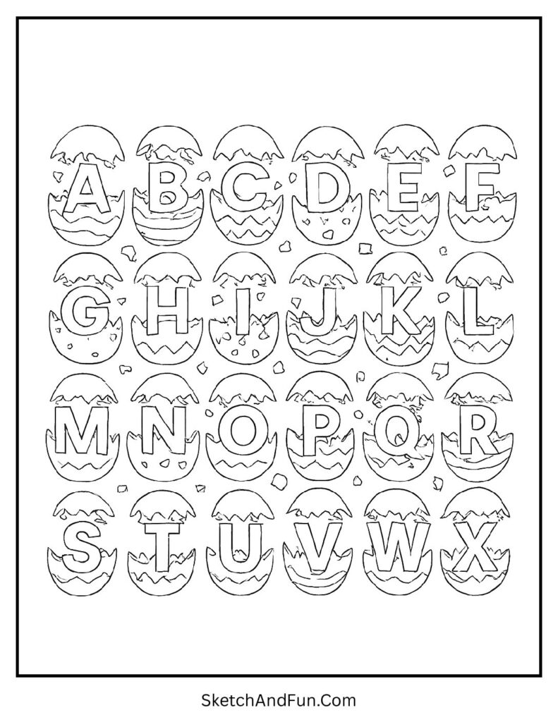 Alphabet eggs breaking open for Easter coloring pages educational