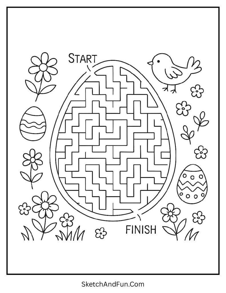 Egg shaped maze page for Easter coloring pages educational use