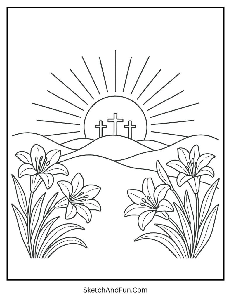 Sunrise hills with crosses for Easter coloring pages for Sunday school
