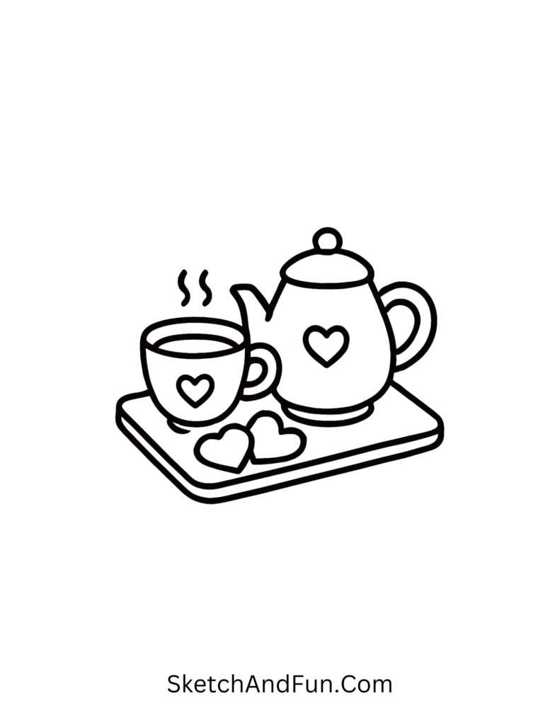 Tea set with heart biscuit on tray, cozy theme for February art ideas for kids
