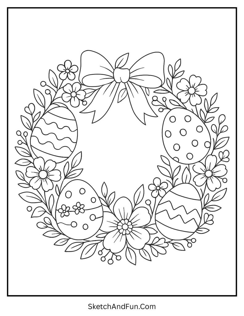 Decorative wreath with eggs and flowers for Easter coloring pages spring theme