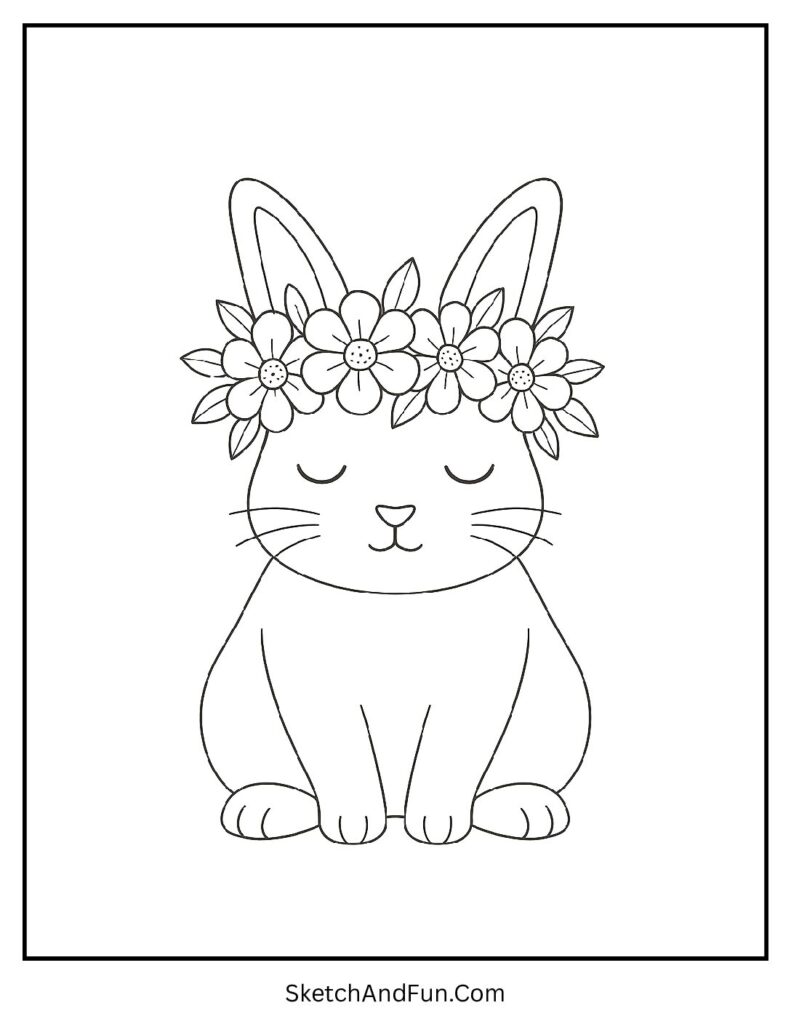 Calm bunny wearing a flower crown from spring bunny coloring pages