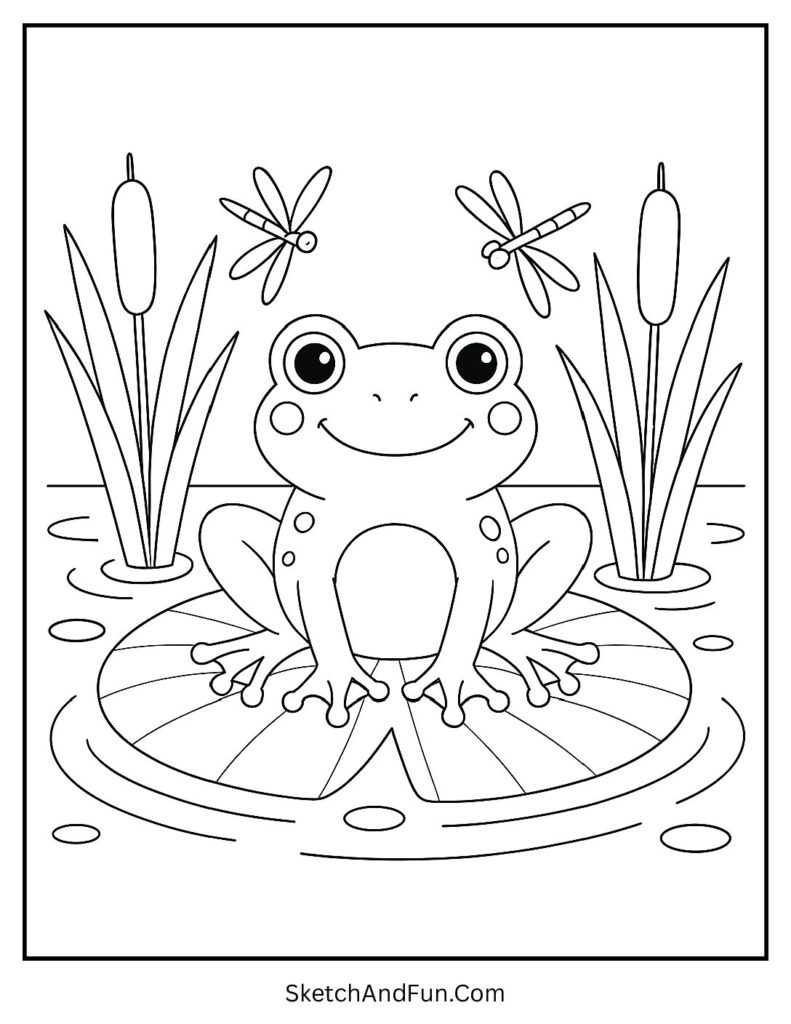 Frog on lily pad from spring coloring illustrations