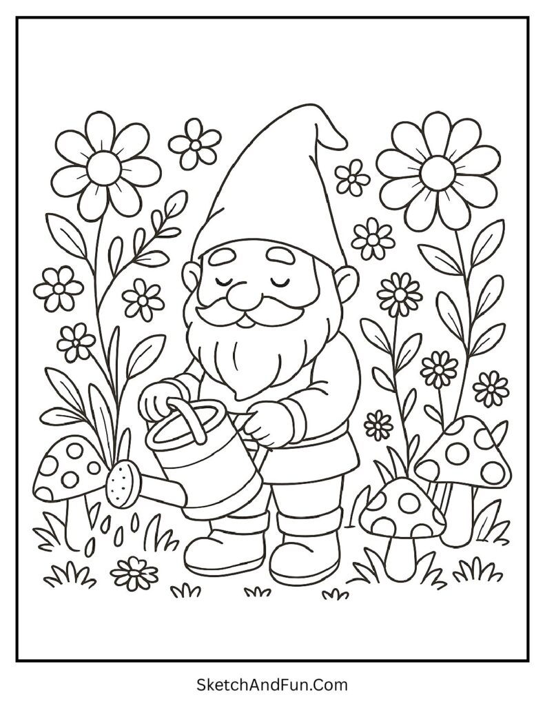 Garden gnome watering plants in free spring coloring pages