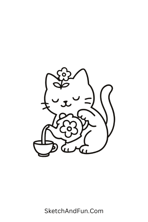 Cat pouring tea from a flower-shaped teapot for spring hand drawing ideas