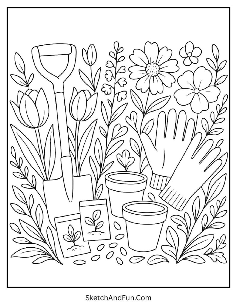 Garden tools and plants from spring coloring worksheets