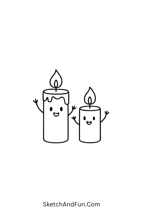 Candles with faces waving arms for fun birthday doodle card designs