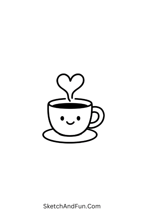 Happy coffee cup with heart steam in clean and joyful kawaii doodle art