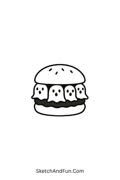 Haunted Hamburger, burger with ghost faces between buns in cursed doodles Pinterest viral
