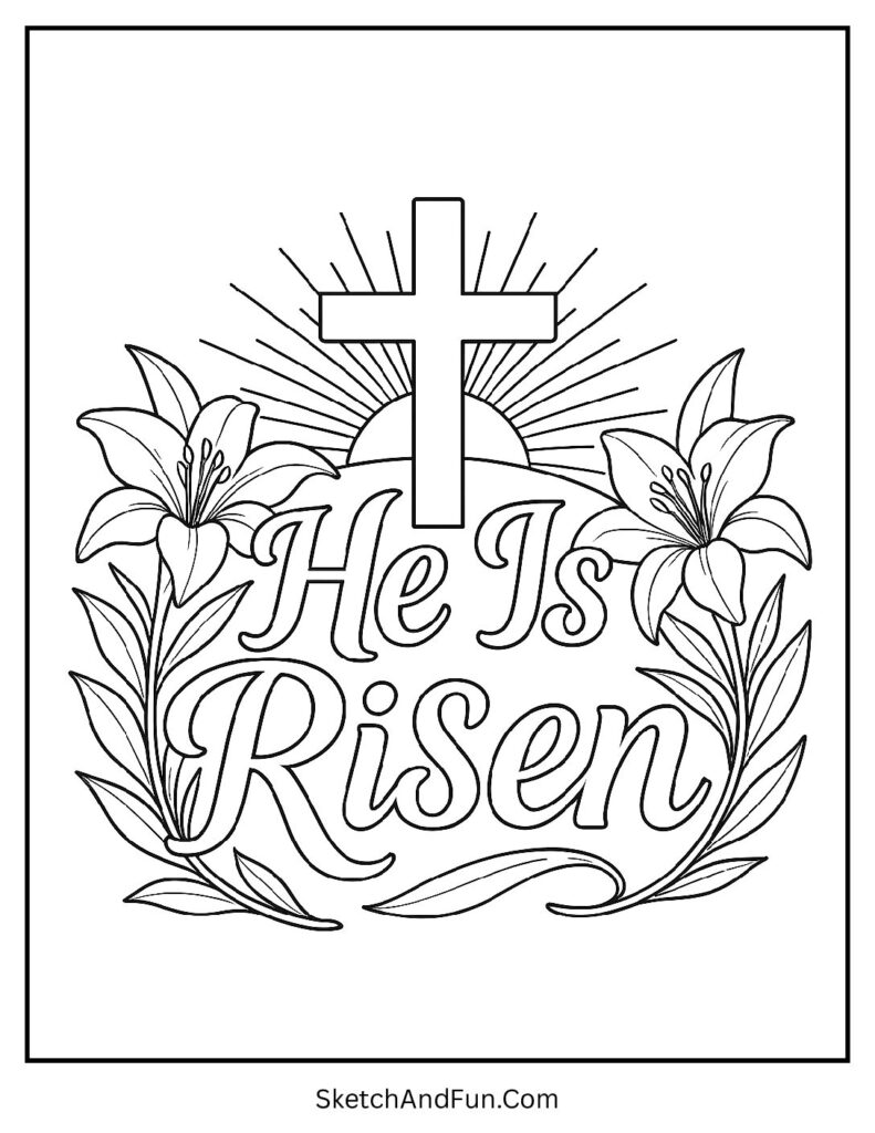 Cross with lilies and sunrise created for Christian Easter coloring pages