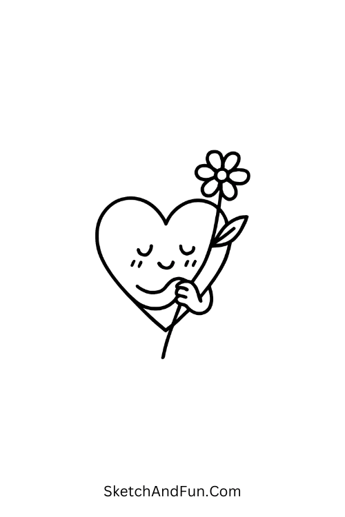 Shy heart offering daisy, adorable for kids and heart doodles for kids