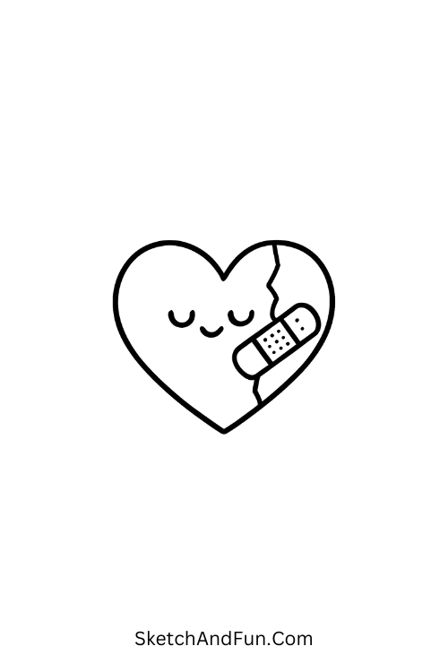 Cracked heart with bandage, simple lines showing heart doodles for beginners