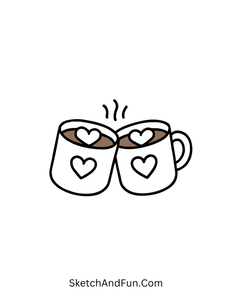 Two cocoa mugs with heart marshmallows, cozy moment for February doodles cute