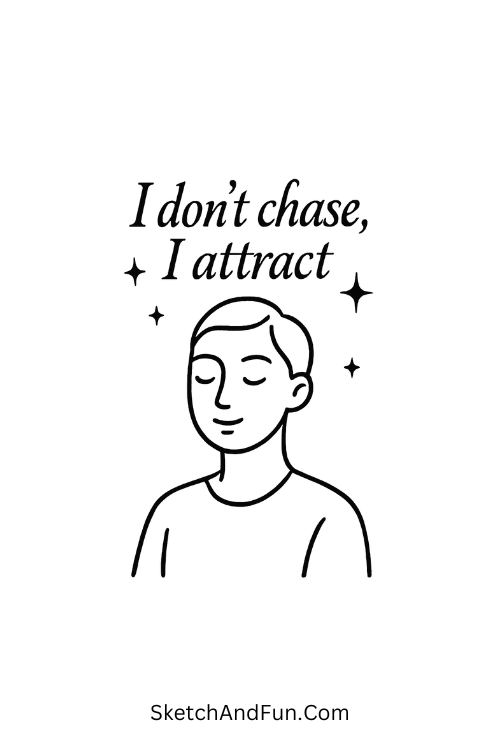 “I don’t chase, I attract” in tall letters with stars in elegant calligraphy quote doodles simple