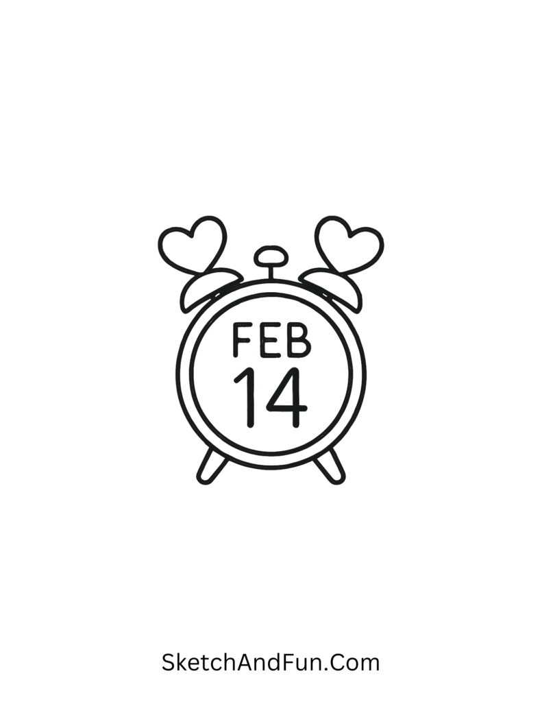 Alarm clock showing February 14 with heart bells, shareable art for February doodles free