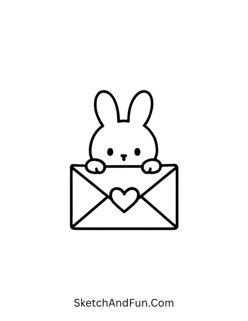 Shy bunny peeking from heart envelope, sweet scene for February doodles for kids