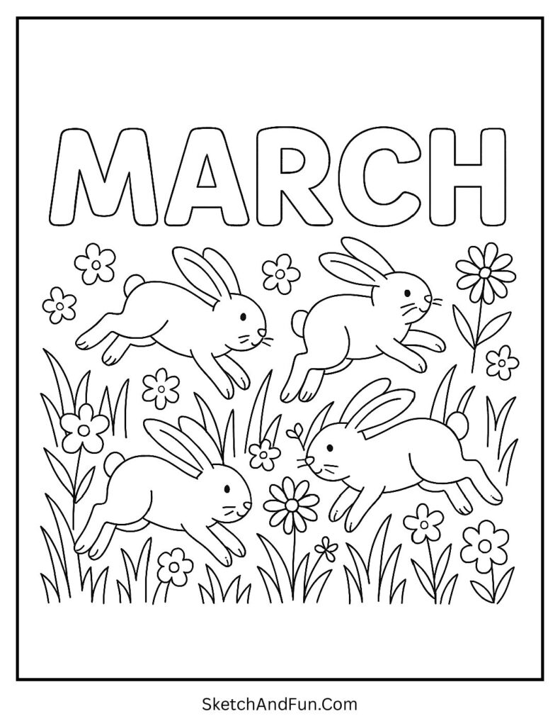 Hopping bunnies and grass included in Preschool March coloring pages with easy shapes
