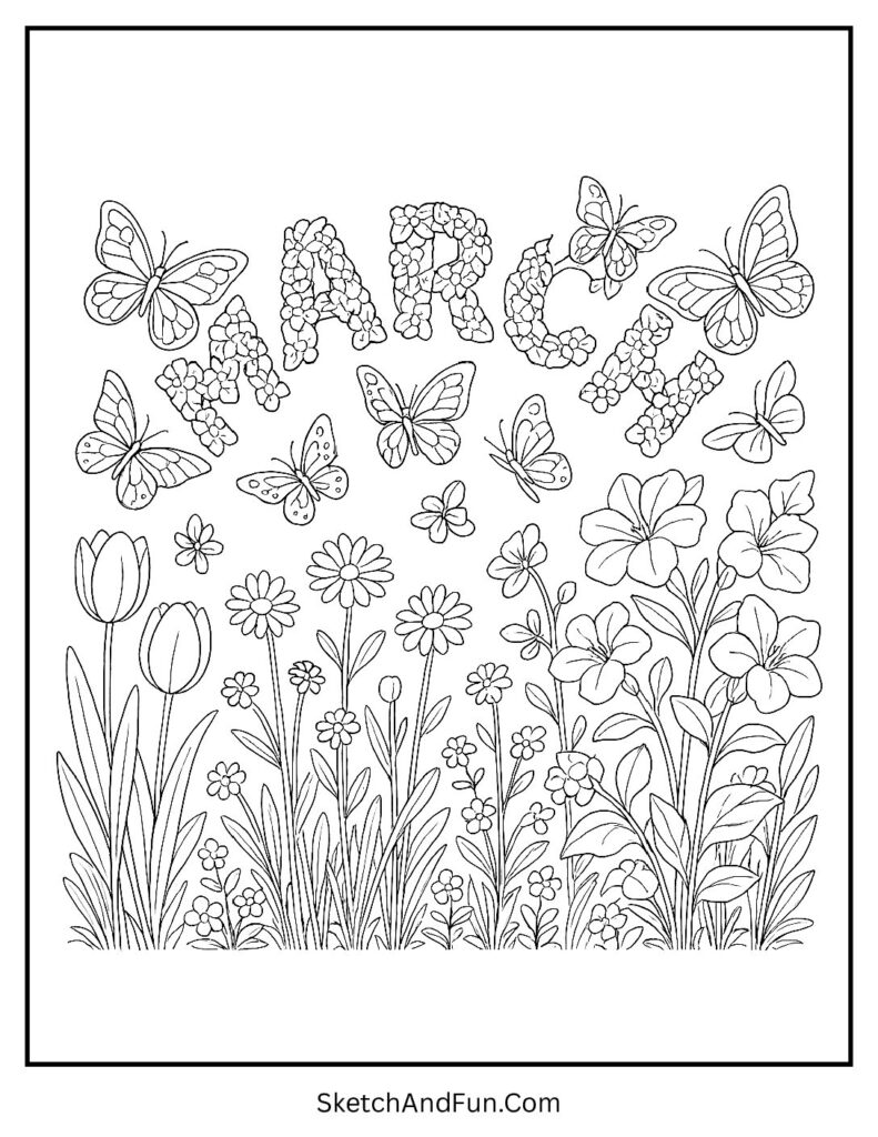 Butterflies and flowers surrounding letters in Spring themed March coloring pages for calm coloring