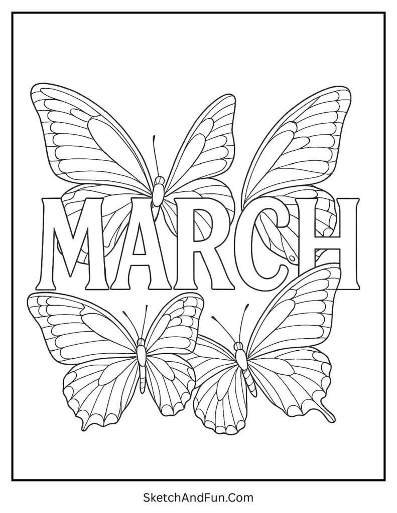 Butterfly wing letters included in March worksheets coloring pages for learning fun
