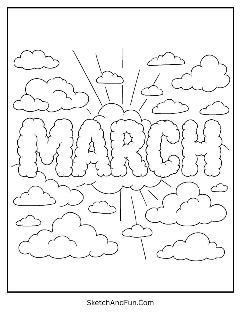Fluffy sky letters floating in March coloring sheets printable with dreamy style