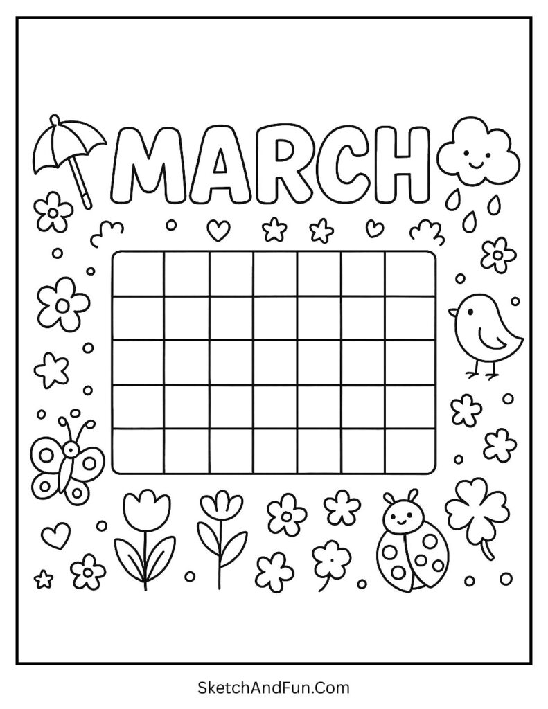 Playful calendar layout featured as a March calendar coloring page for learning dates