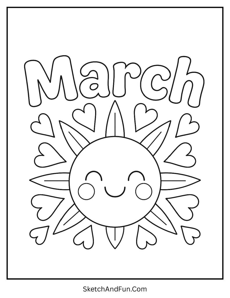 Smiling sun with heart rays featured in Simple March coloring pages for young children