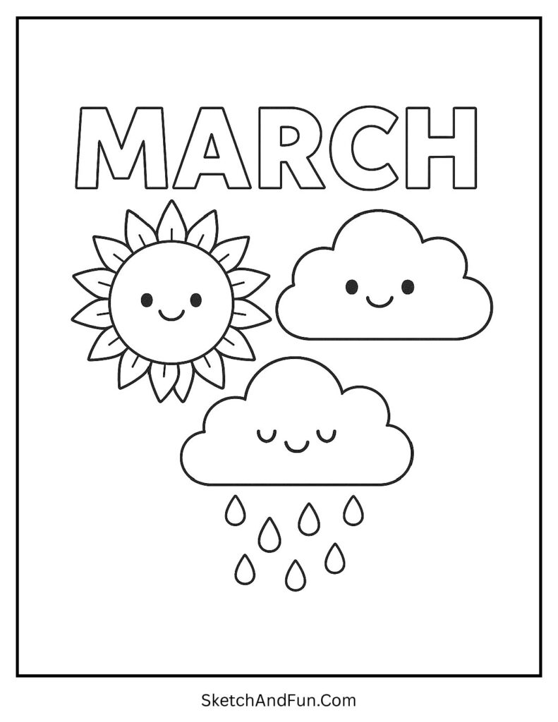 Smiling weather icons featured in Easy March coloring pages for simple enjoyment